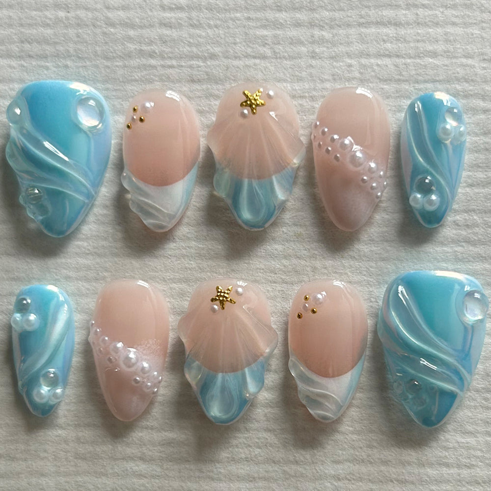 3D Blue Short Almond Nail