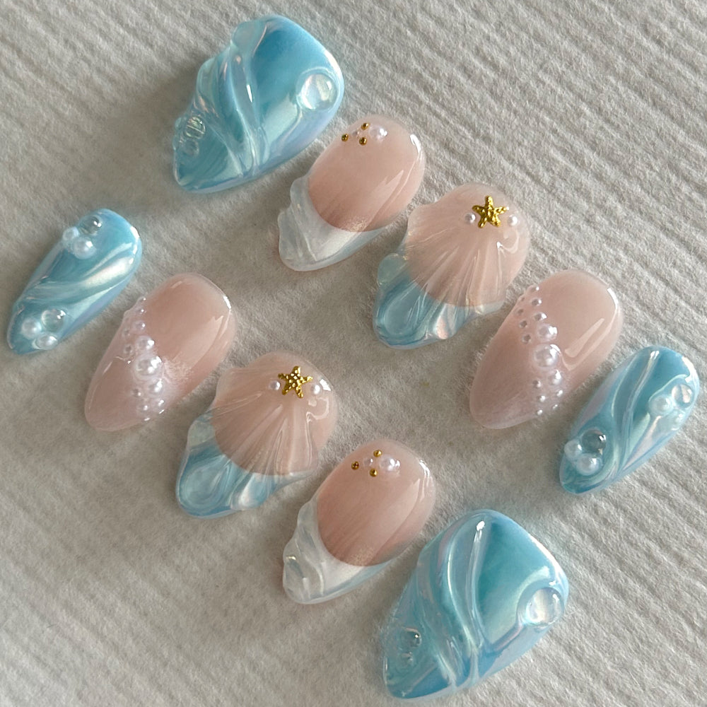 3D Blue Short Almond Nail