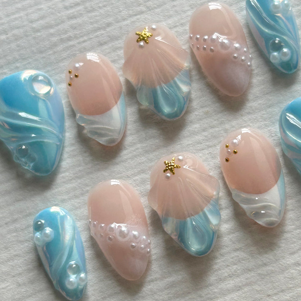 3D Blue Short Almond Nail