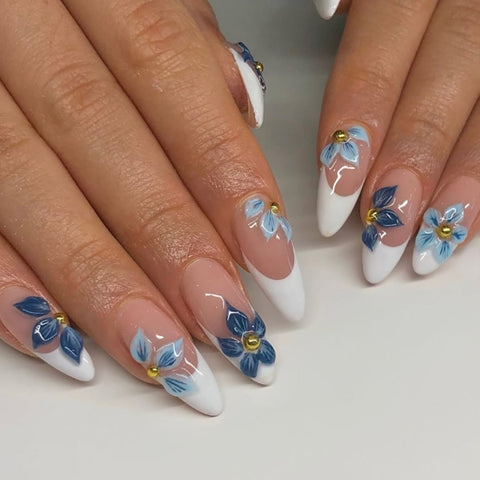 Hot Selling Blue Flower White French Almond Nails