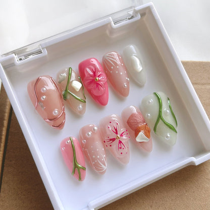 Pink Tengman Almond Nails