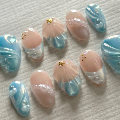 3D Blue Short Almond Nail