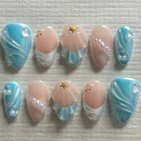 3D Blue Short Almond Nail