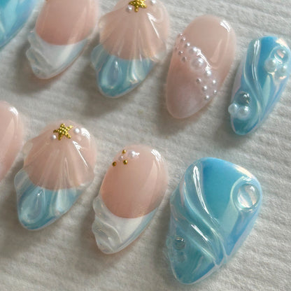 3D Blue Short Almond Nail