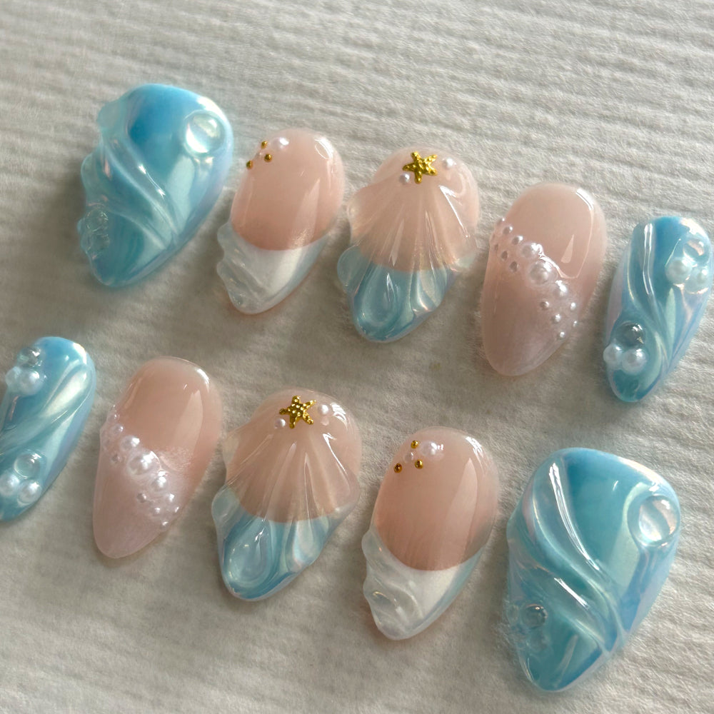 3D Blue Short Almond Nail