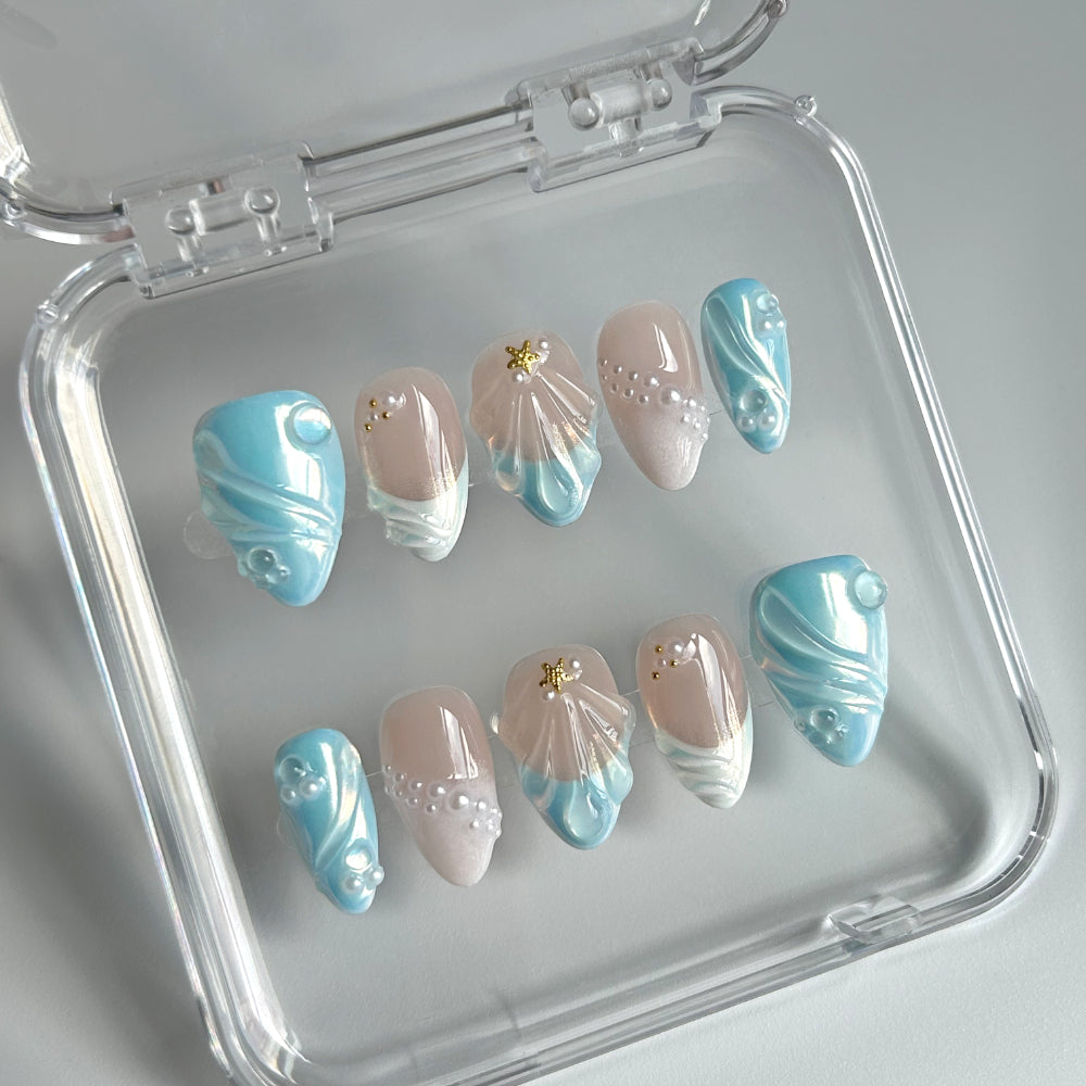 3D Blue Short Almond Nail