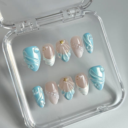 3D Blue Short Almond Nail