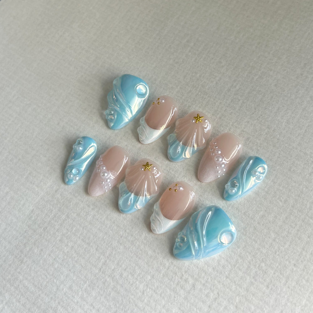 3D Blue Short Almond Nail