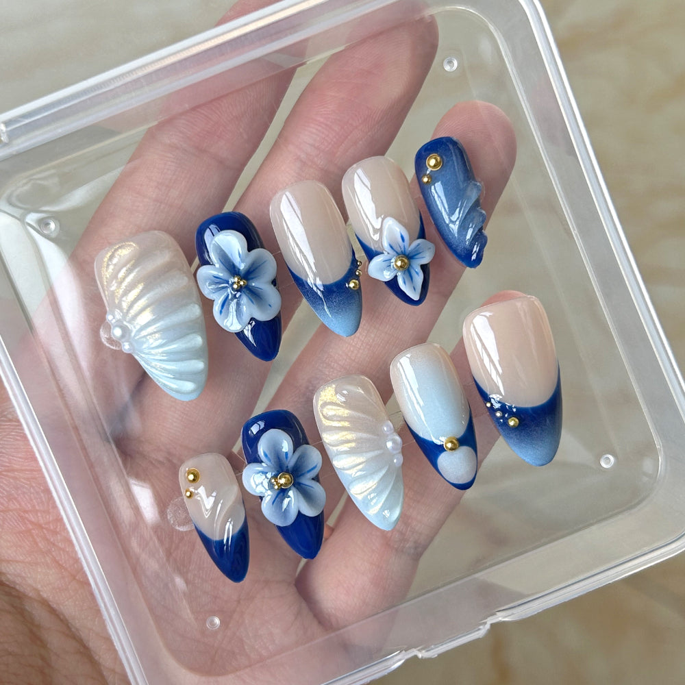 3D Blue White Flower Medium Long Almond Nail