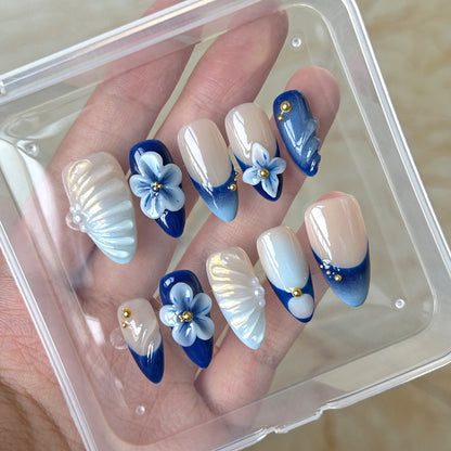 3D Blue White Flower Medium Long Almond Nail