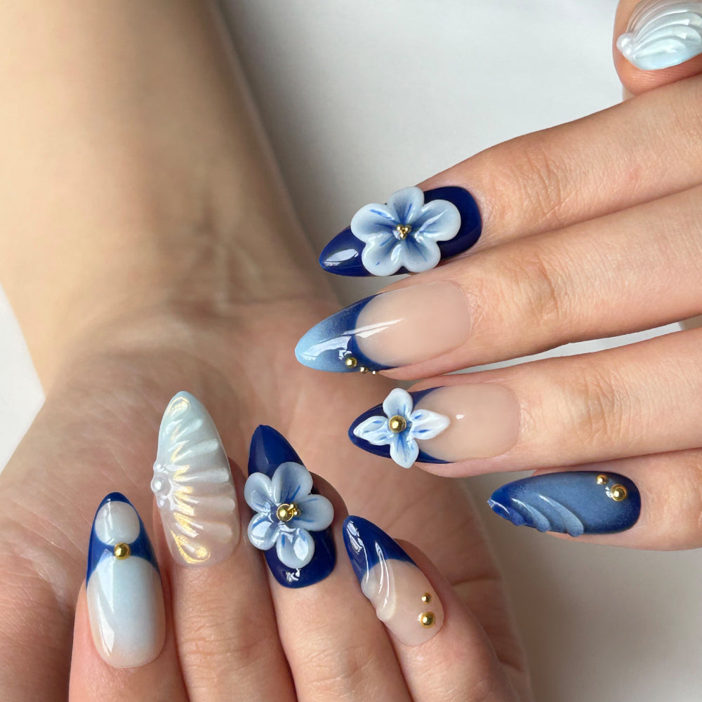 3D Blue White Flower Medium Long Almond Nail