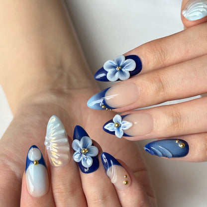 3D Blue White Flower Medium Long Almond Nail