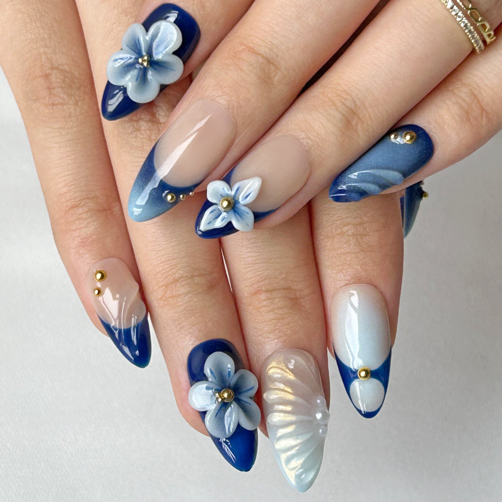 3D Blue White Flower Medium Long Almond Nail