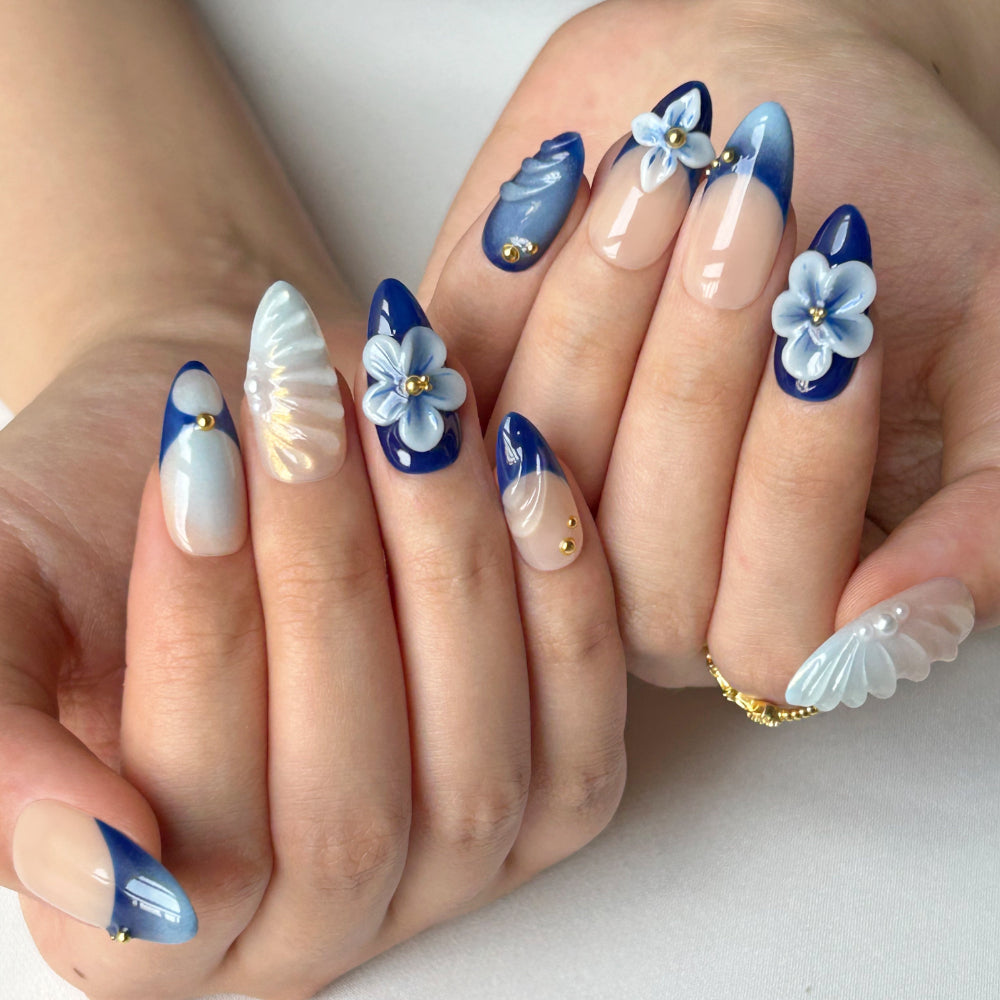 3D Blue White Flower Medium Long Almond Nail