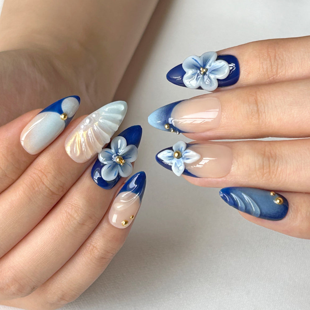 3D Blue White Flower Medium Long Almond Nail