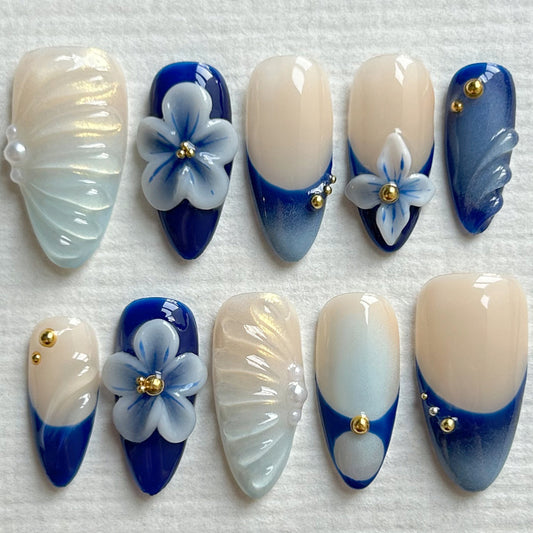 3D Blue White Flower Medium Long Almond Nail
