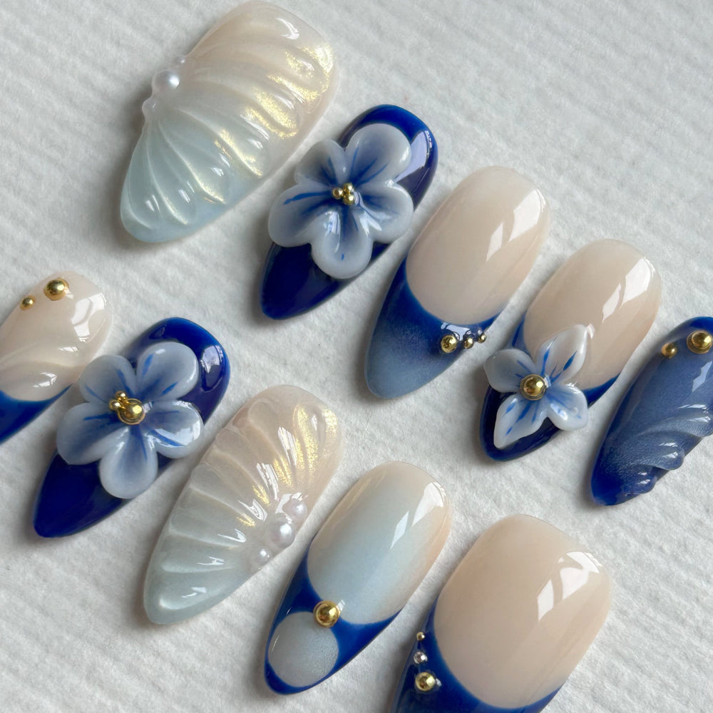 3D Blue White Flower Medium Long Almond Nail