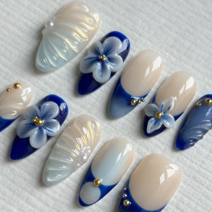 3D Blue White Flower Medium Long Almond Nail