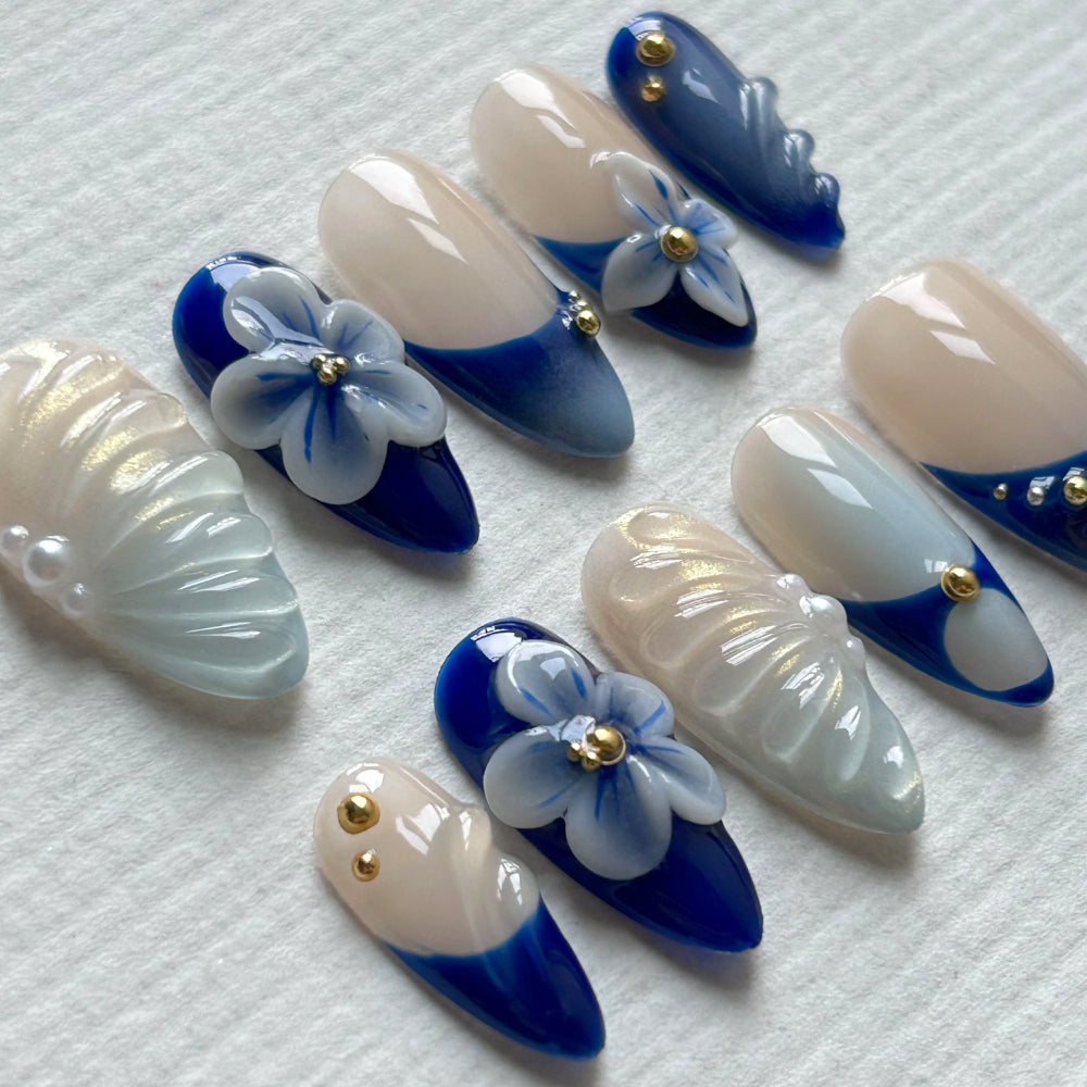 3D Blue White Flower Medium Long Almond Nail