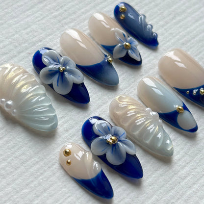 3D Blue White Flower Medium Long Almond Nail