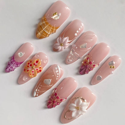 Summer Pink Shell & Flower Nails
