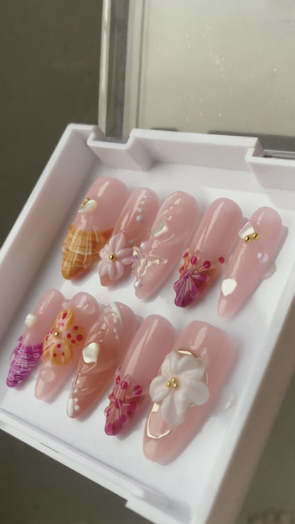 Summer Pink Shell & Flower Nails