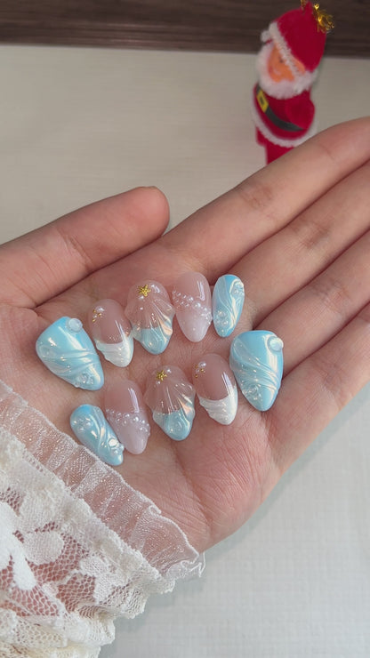 3D Blue Short Almond Nail
